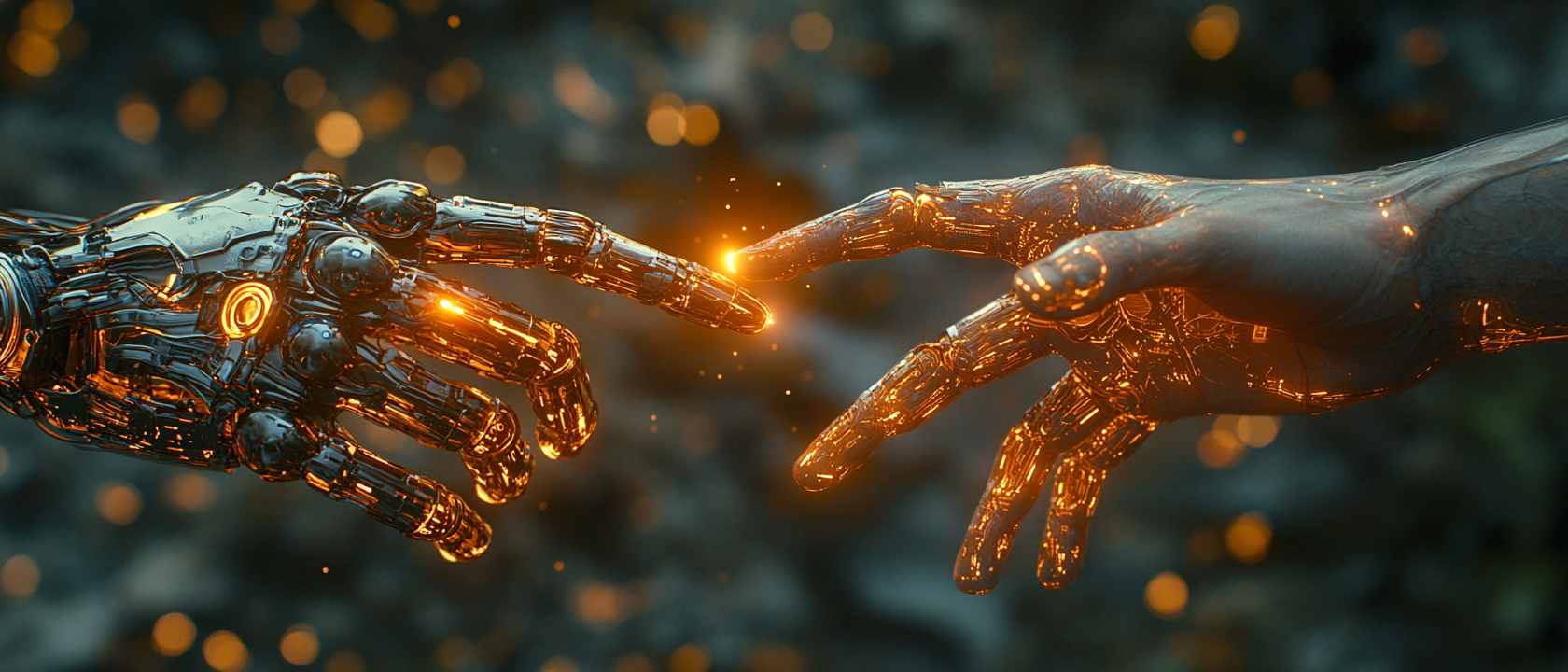AIロボットの手と人間の手が触れ合い、ゴールドのエネルギーが生まれる瞬間