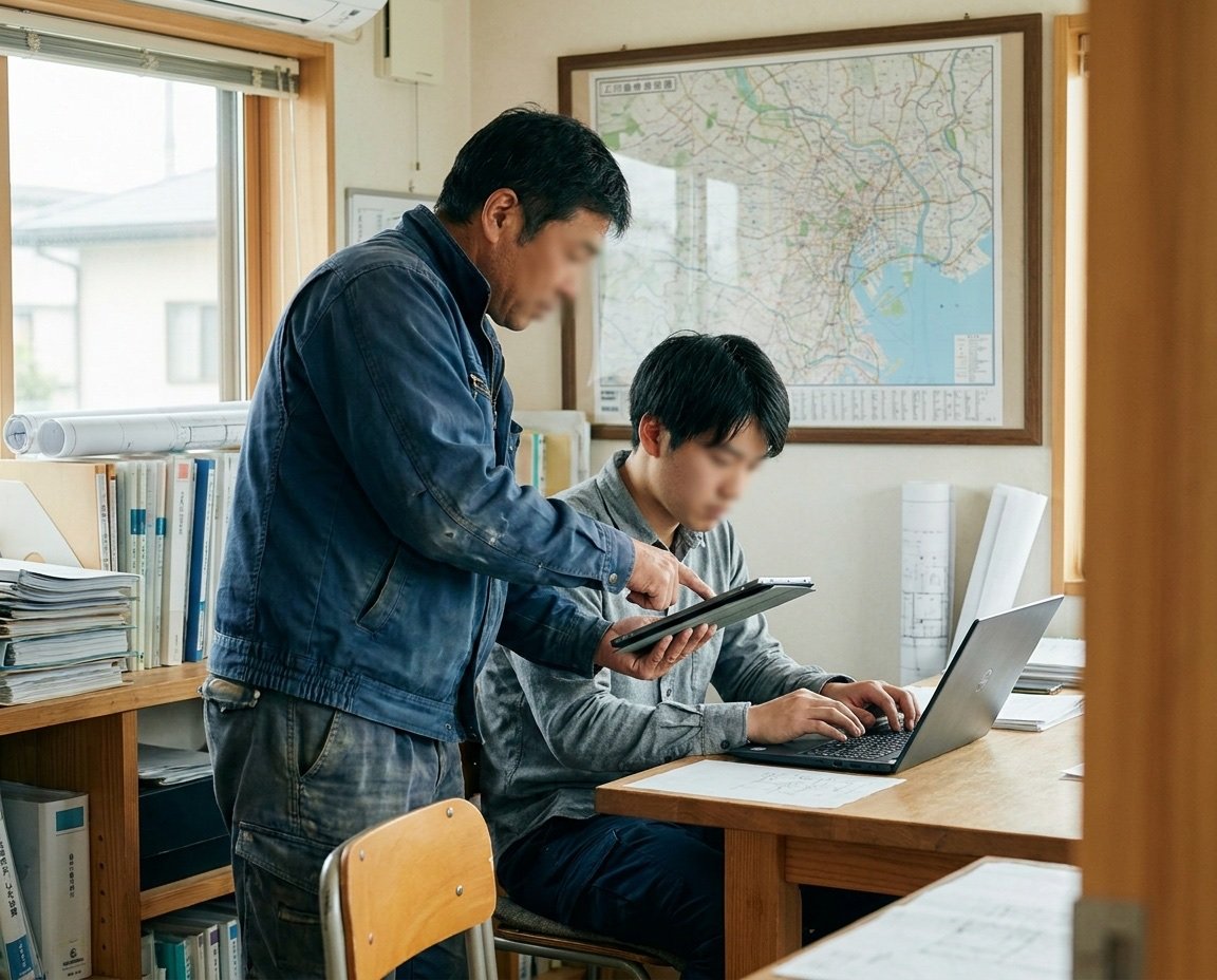 建設会社の事務所で、タブレットを持つ現場担当者が画面を指差し、隣のエンジニアがその場でノートPCを開いて直している