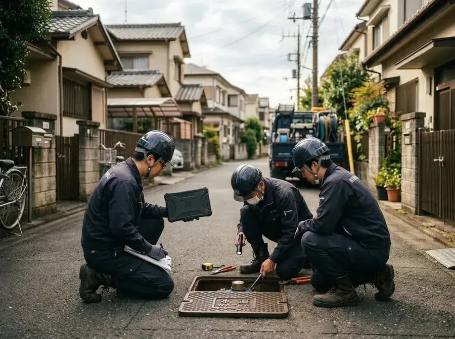 住宅街で水道メーターを点検する作業員と、スマートフォンで訪問リストを見る作業員