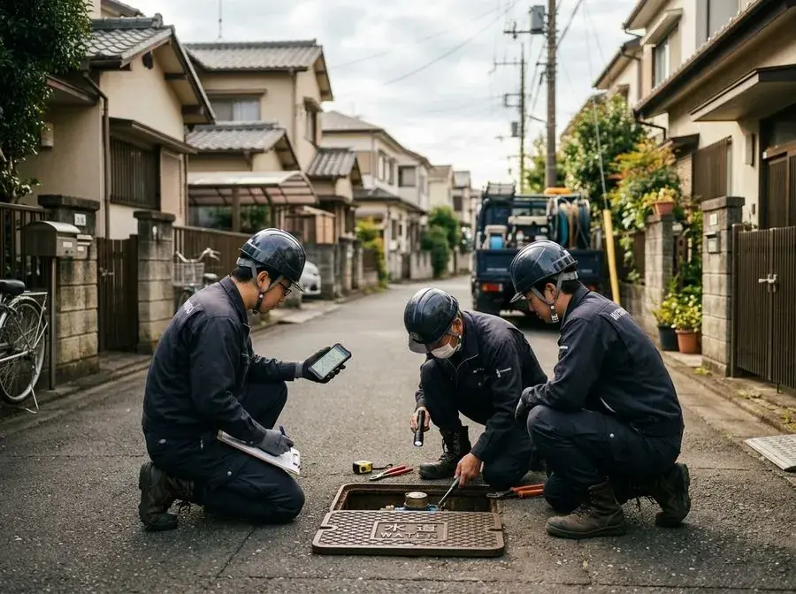 住宅街で水道メーターを点検する作業員と、スマートフォンで訪問リストを見る作業員