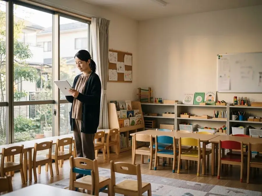放課後の幼児教室で、タブレットの資料を確認する教室の責任者