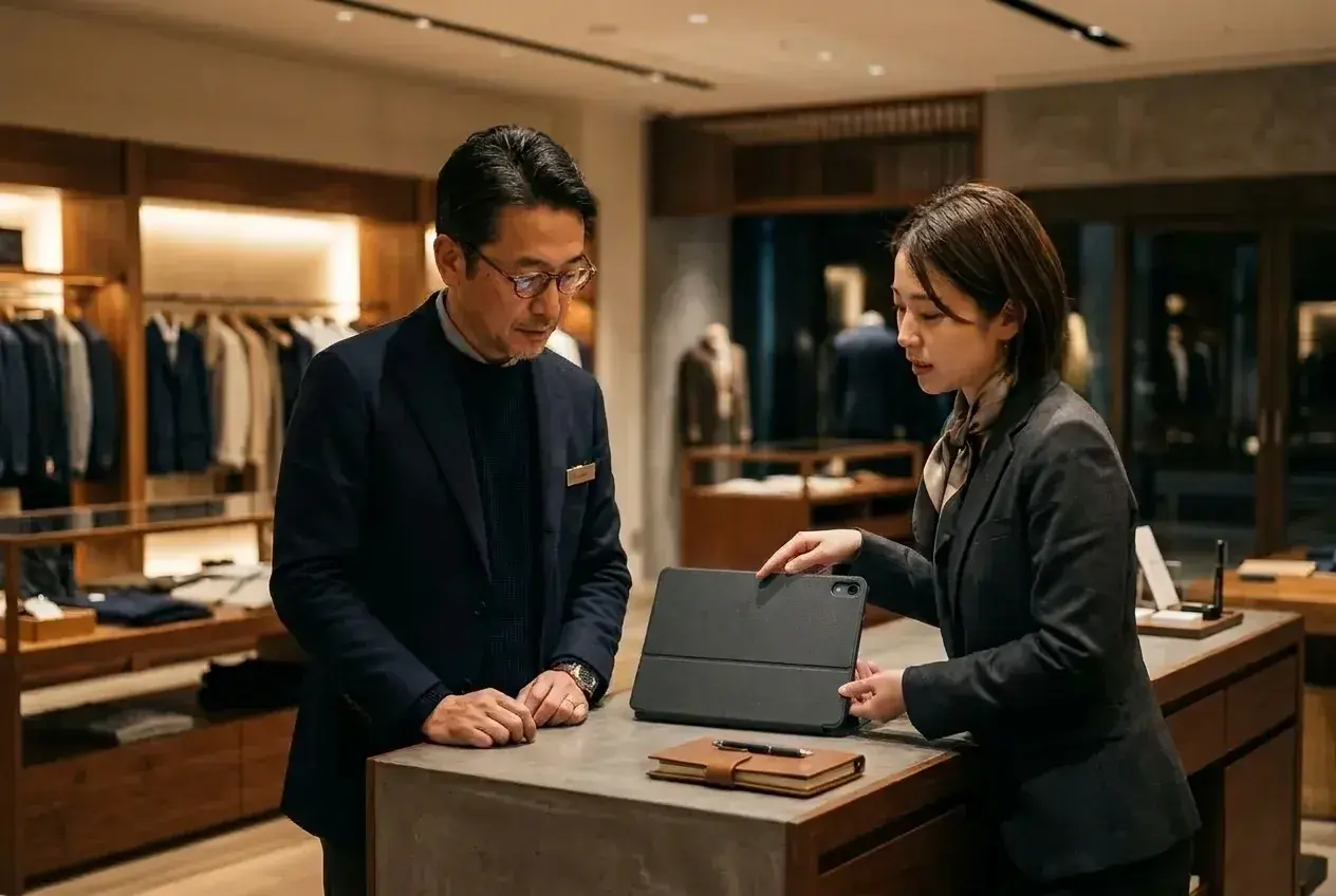 閉店後の店舗で、店長とコンサルタントがタブレットの来店・売上のダッシュボードを見ている