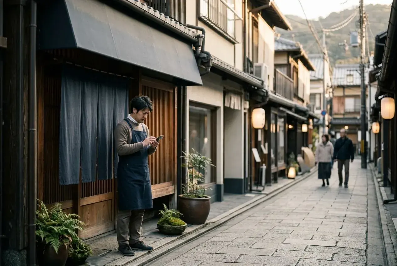 夕方の商店街で、店先に立ってスマートフォンを見る店長
