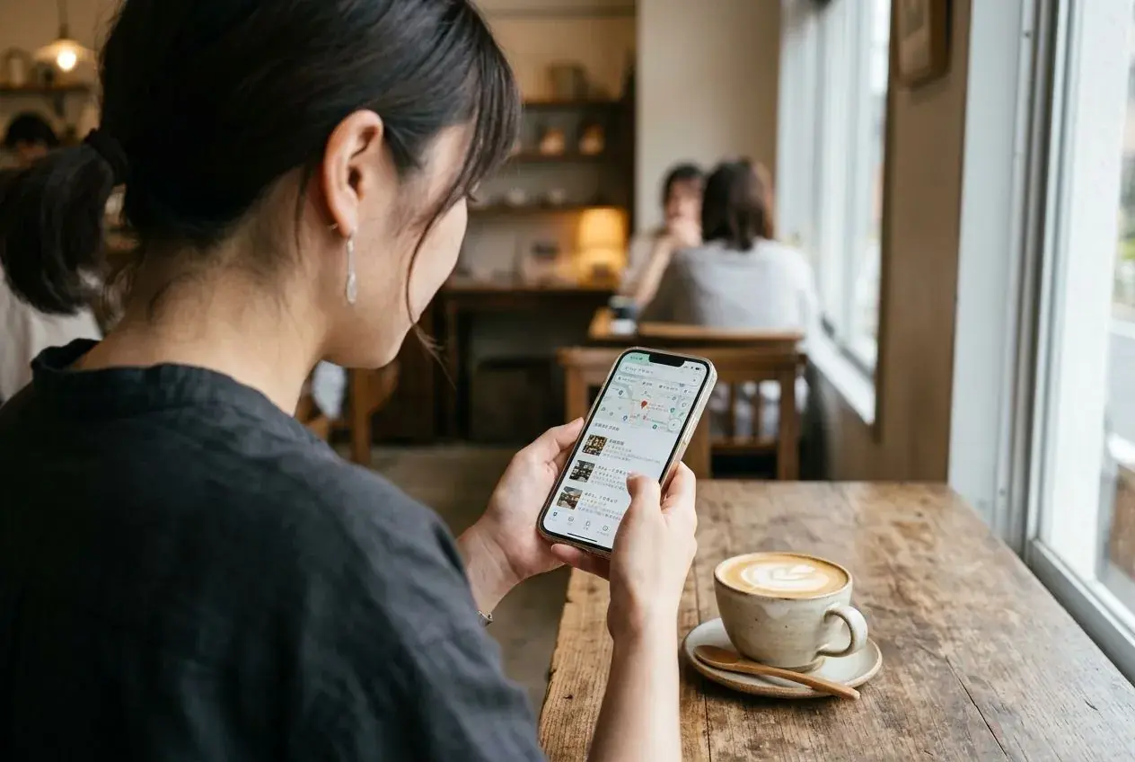 カフェでスマートフォンの地図と口コミを見る客