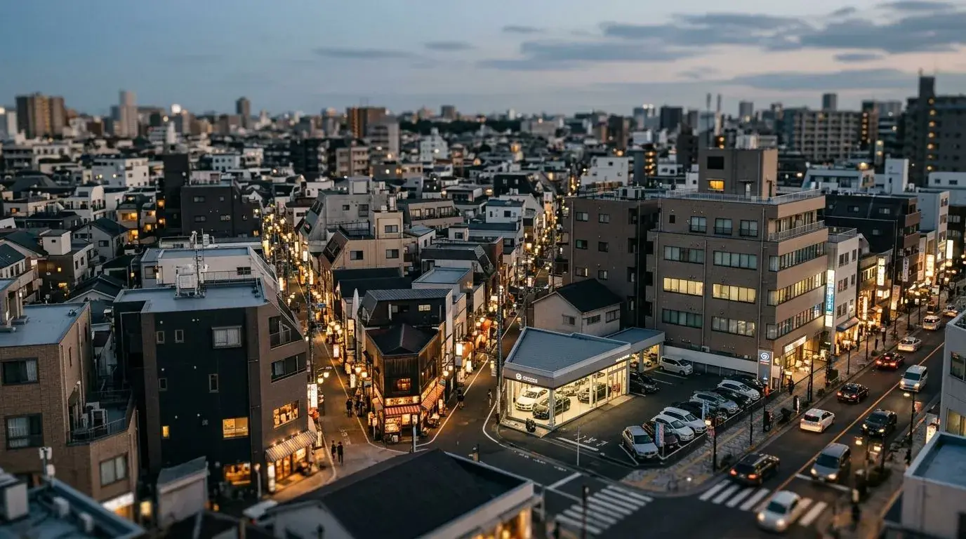 夕暮れの街に並ぶ、さまざまな店舗や施設