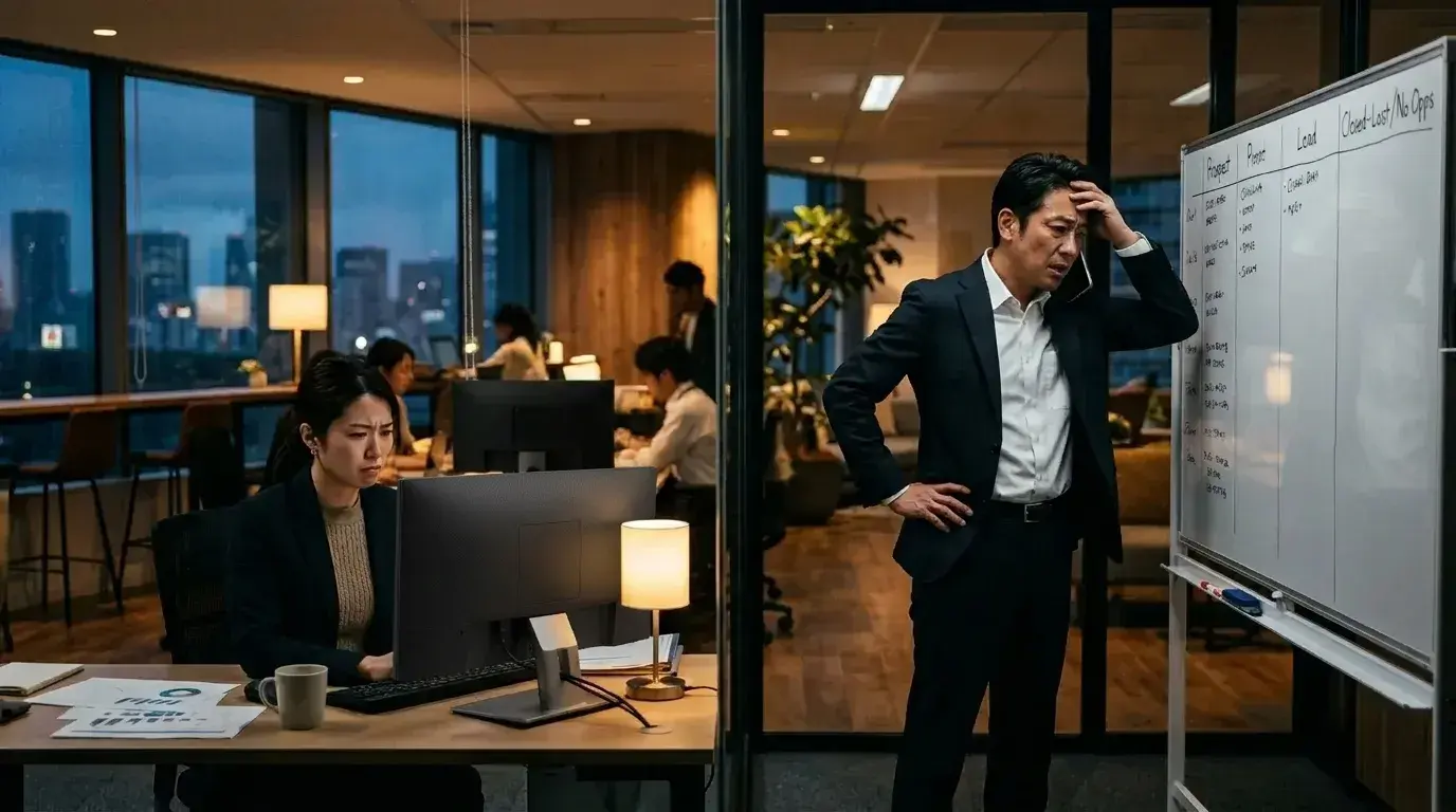 ガラスの仕切りを挟んで、ダッシュボードを見て悩むマーケティング担当と、案件ボードの前で頭を抱える営業担当