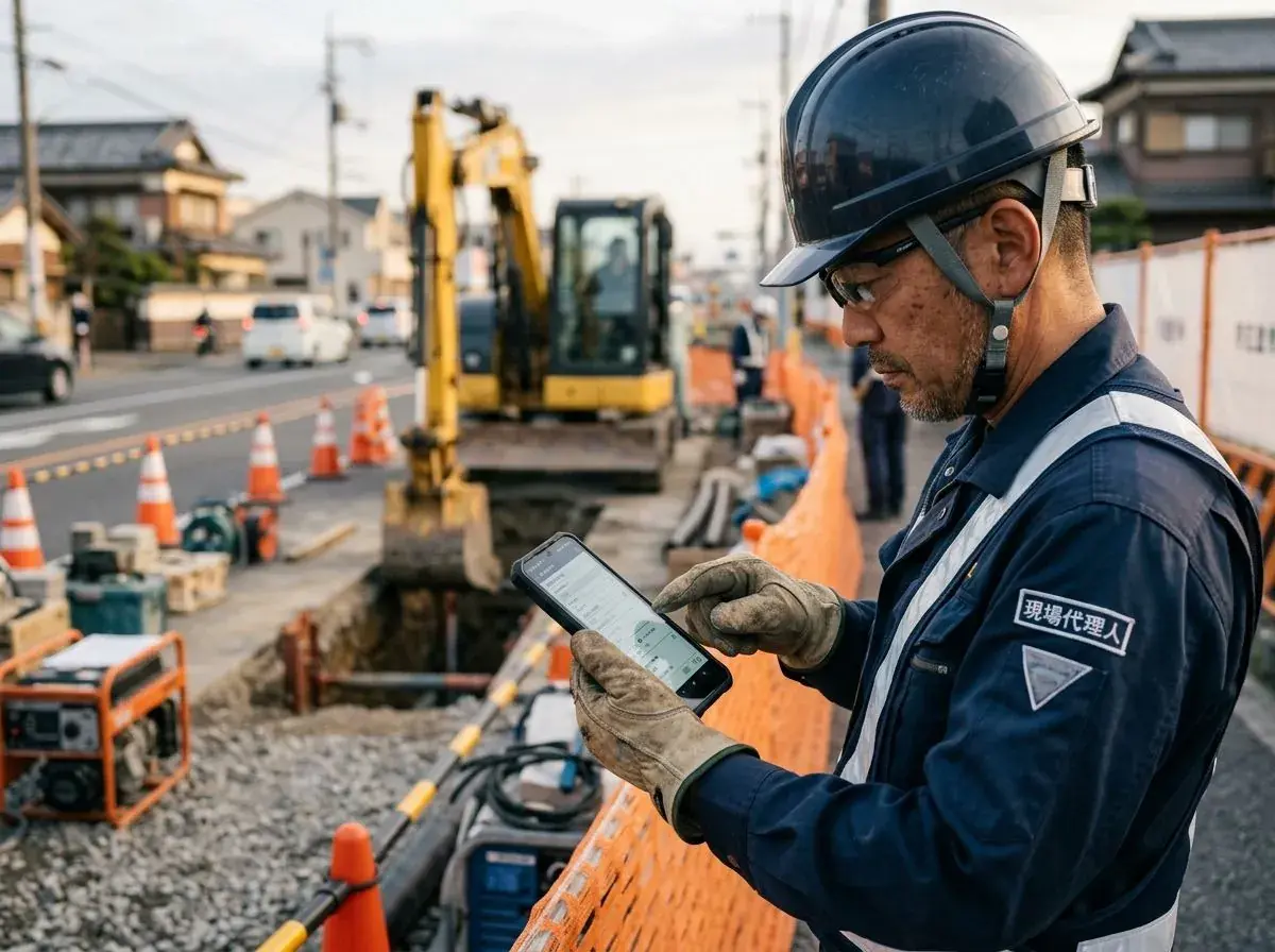 工事現場で、スマートフォンに日報を入力する現場代理人