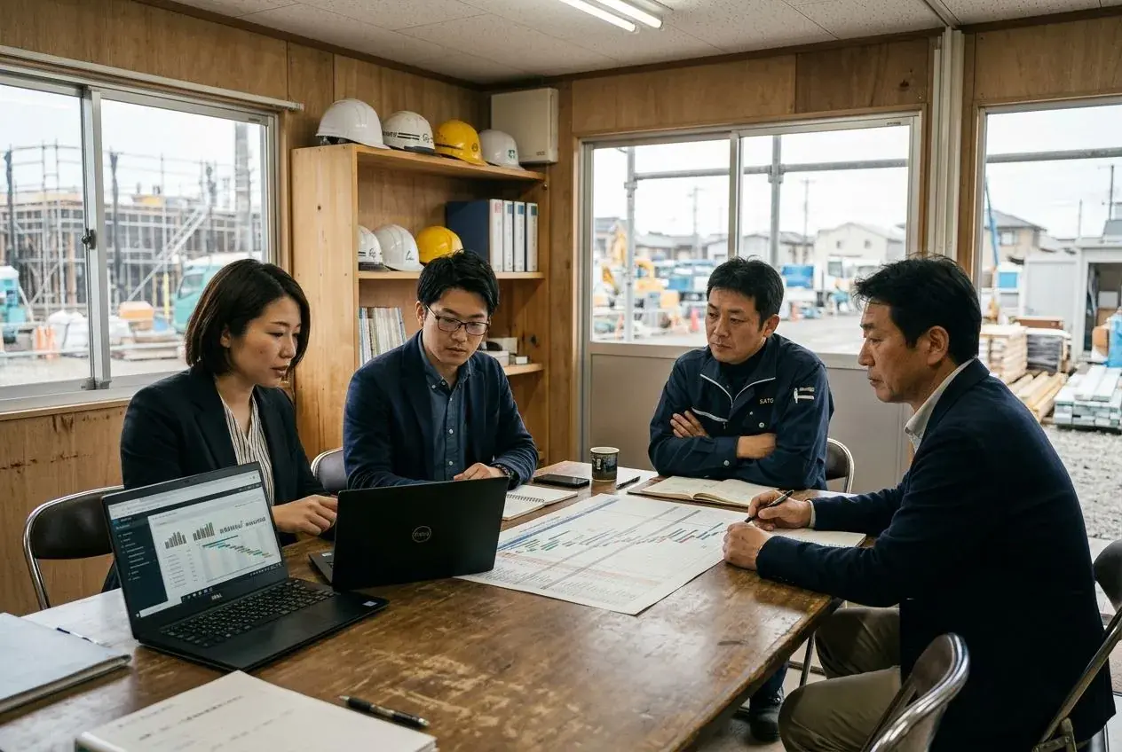 工事事務所の会議室で、現場監督や管理職とノートPCのダッシュボードを見ながら話し合うコンサルタントとエンジニア