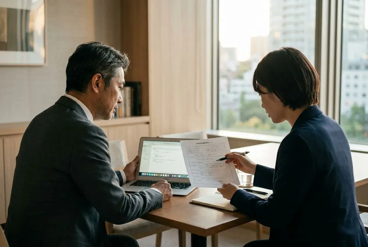 会議室で、評価表を見ながら受け入れ部門の責任者と話す採用担当