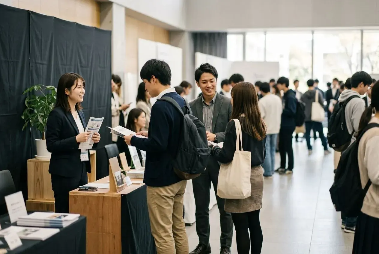合同企業説明会のブースで、学生と話す社員
