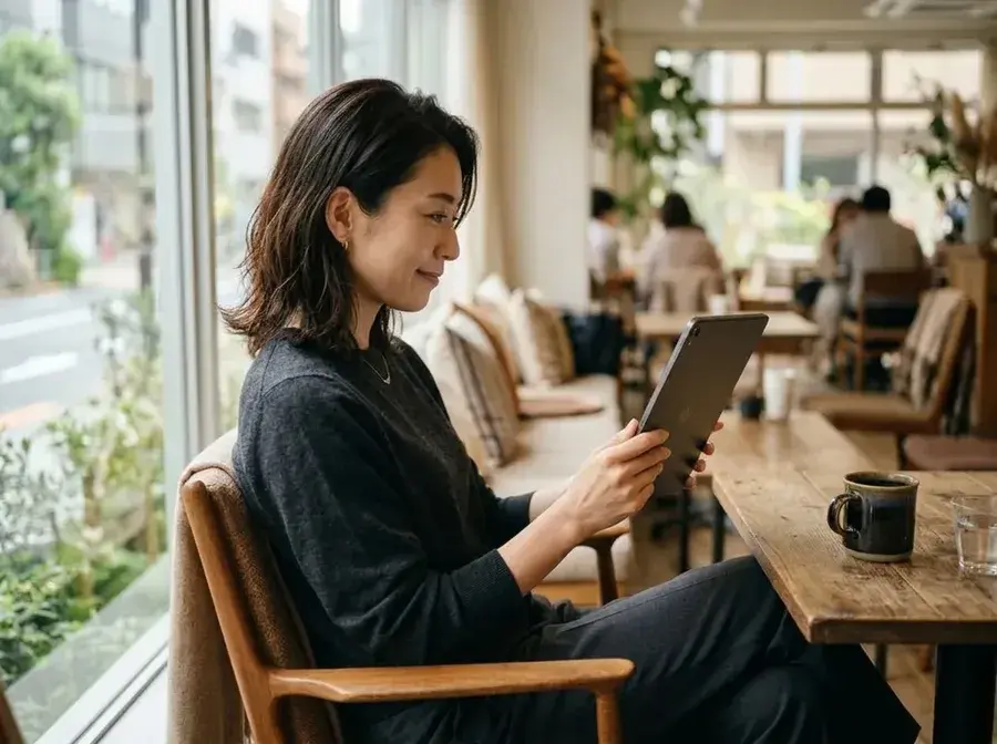 カフェでタブレットの記事や商品を眺めながら探している女性