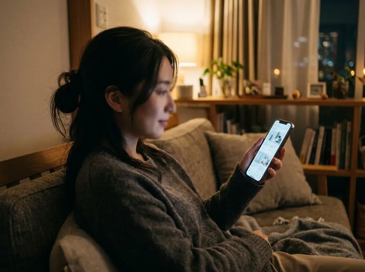 自宅でスマートフォンからスキンケアや健康食品のオンラインストアを見ている女性（イメージ）