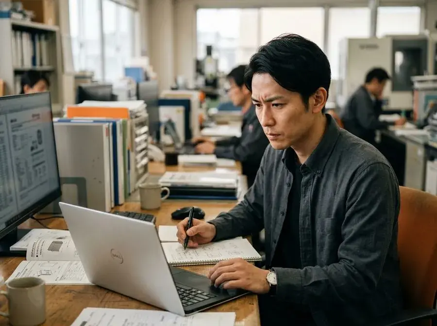 ノートパソコンで製品の仕様をすばやく確認する技術者