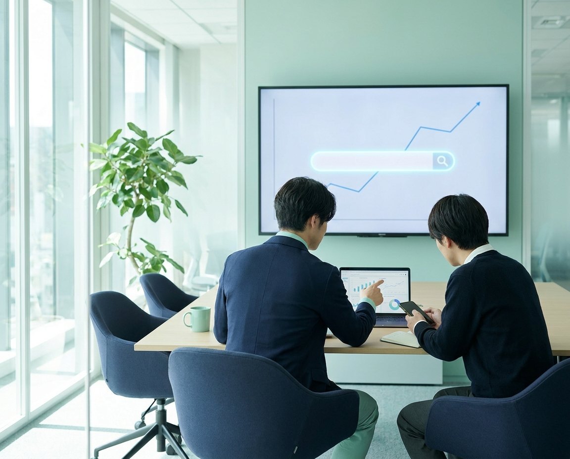 会議室で、マーケティングと営業の担当者が同じ大型画面の検索窓とグラフを見ている後ろ姿