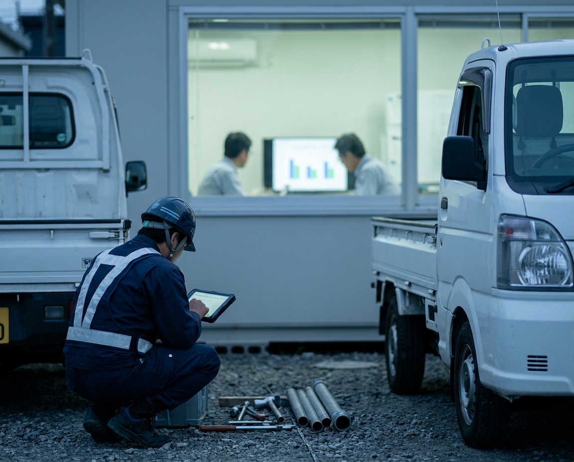 早朝の作業現場でタブレットを確認する作業員と、窓の向こうでグラフを見る管理者