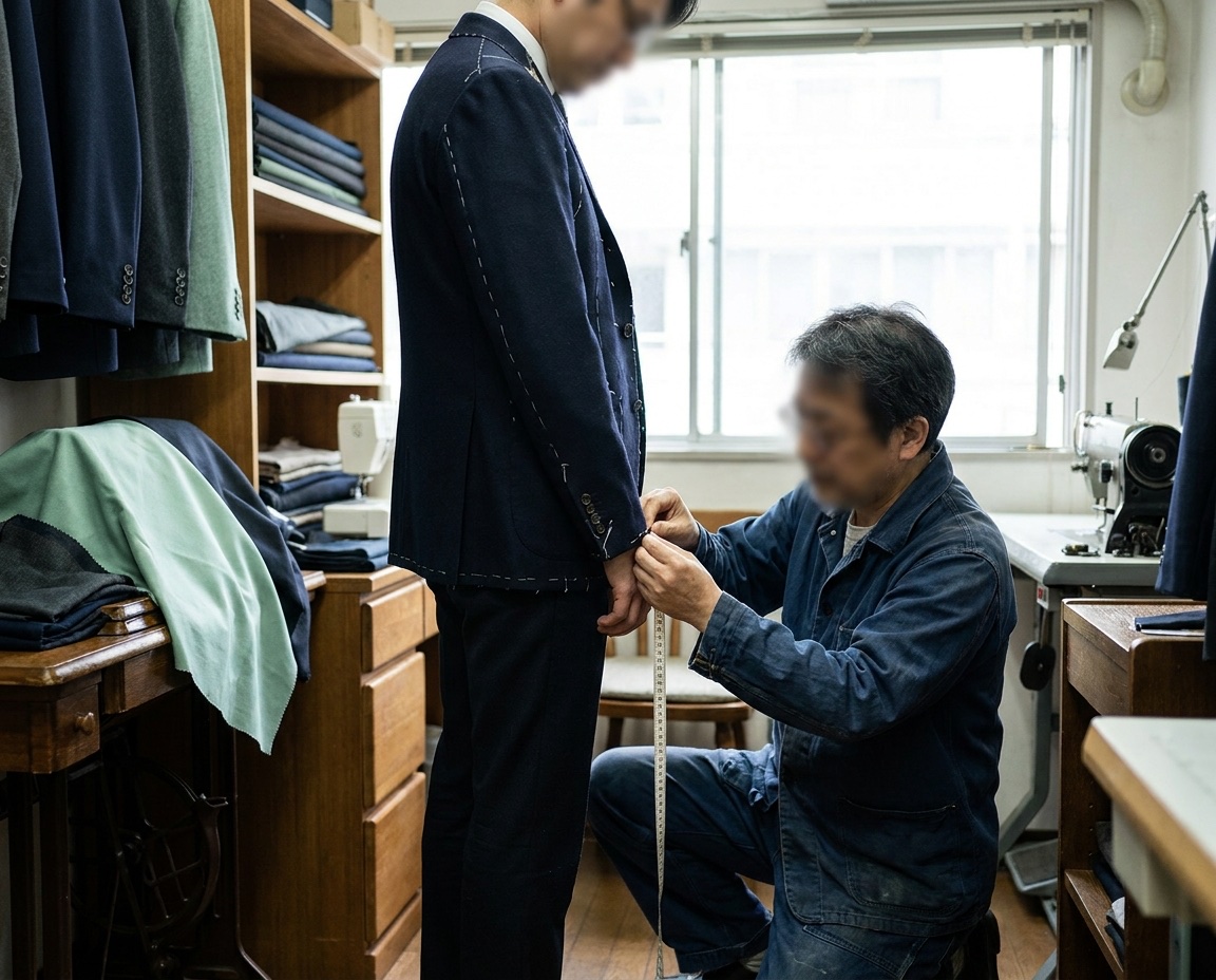 仕立て屋の仮縫い。しつけ糸の付いた上着を着た客の袖丈を、職人がその場で合わせている